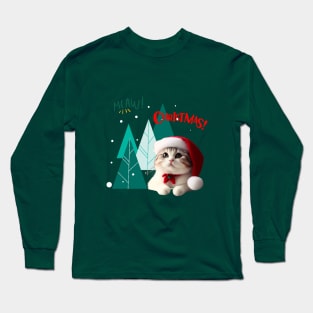 Meaw Cat in Santa hat with christmas tree Long Sleeve T-Shirt